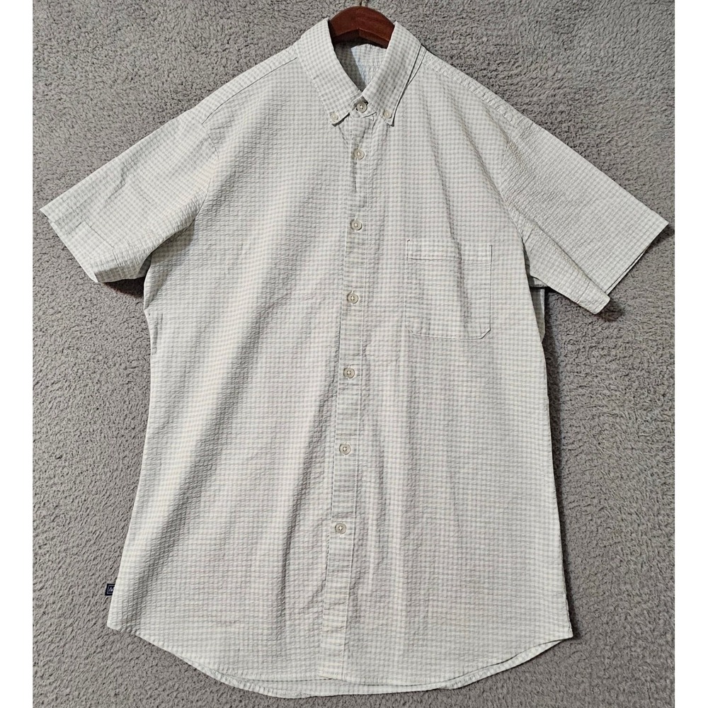 Mizzen + Main Mens Large Green White Seersucker Check Short Sleeve Button Down